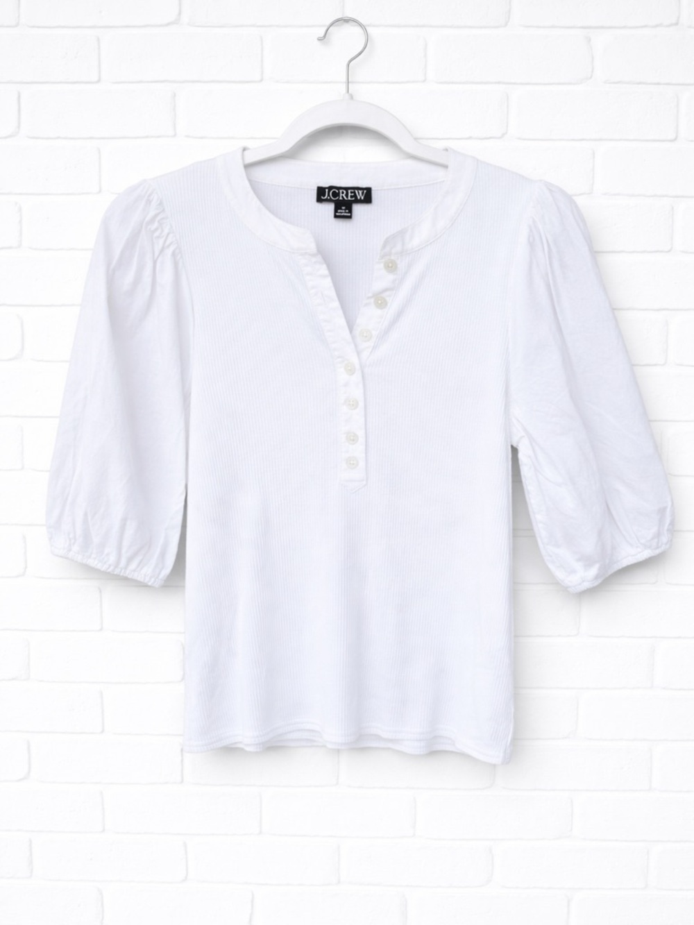 J.Crew vintage rib puff-sleeve henley top white medium BW896 ribbed boho